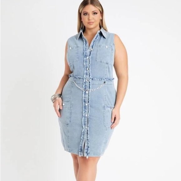 Ashley Stewart | Dresses | Nwt Ashley Stewart Denim Chain Embellished  Button Down Sleeveless Shirt Dress 2 | Poshmark